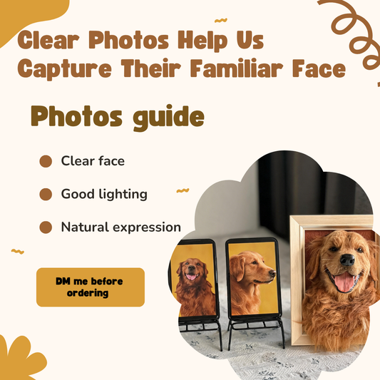 Promotional graphic for a pet portrait service or custom photo product, with text reading 'Clear Photos Help Us Capture Their Familiar Face' and 'Photos guide' listing clear face, good lighting, and natural expression. Three framed golden retriever portraits are shown on a cream background with decorative brown accents.