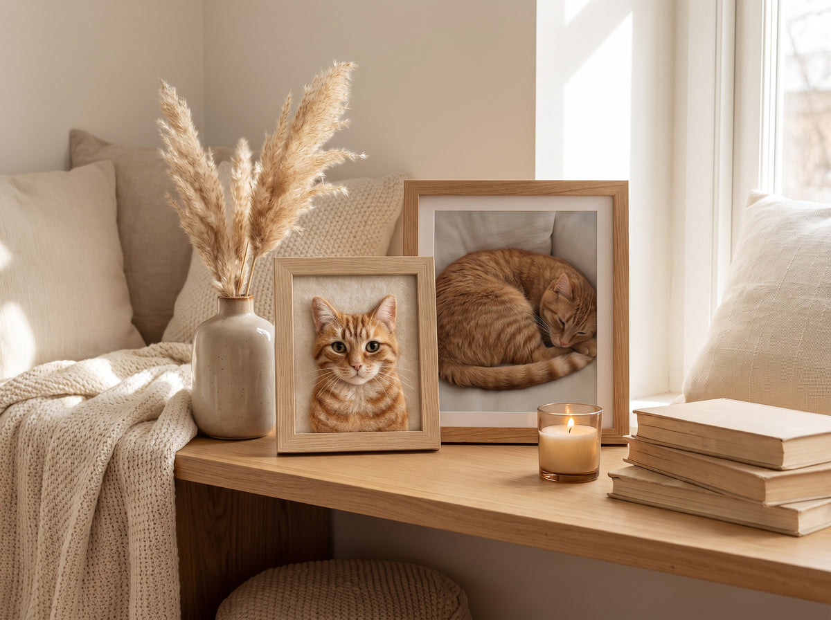 Two framed pet portraits of orange tabby cats styled on a wooden console table next to a window, with a vase of pampas grass, a candle, and stacked books.