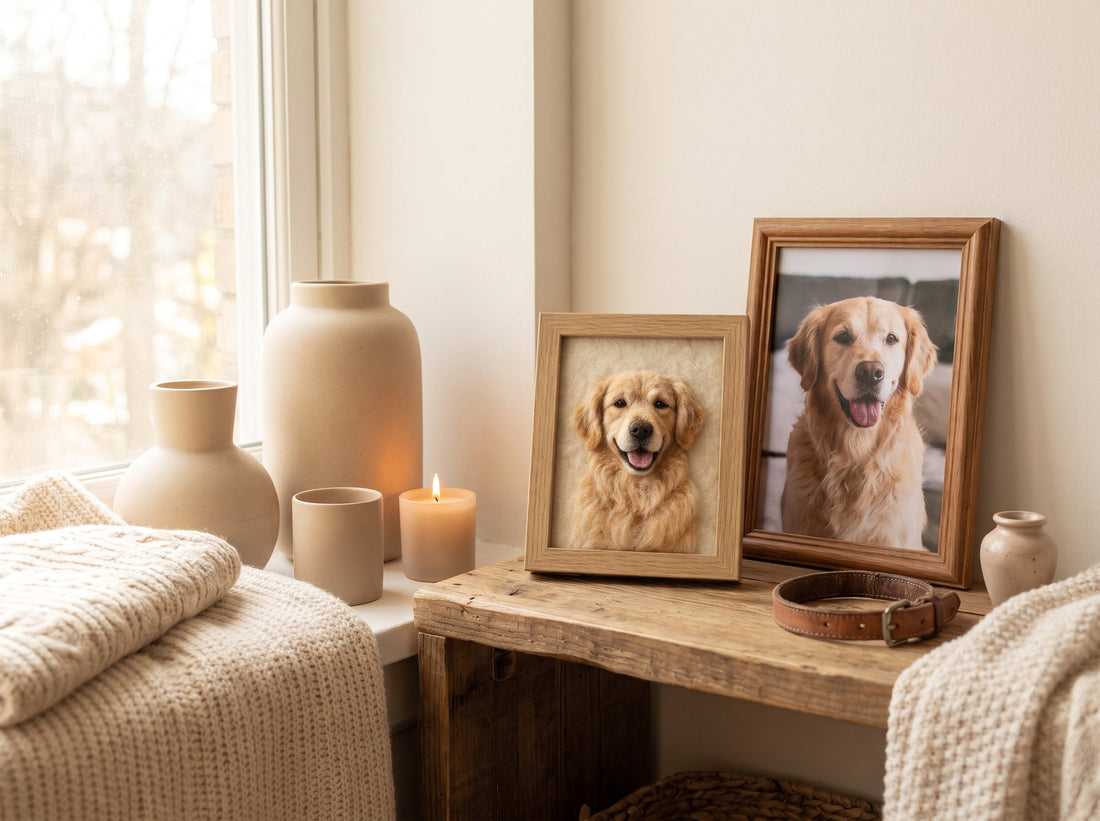 Custom needle felted dog memorial portrait displayed beside a favorite dog photo