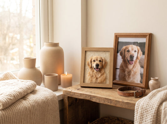 Custom needle felted dog memorial portrait displayed beside a favorite dog photo