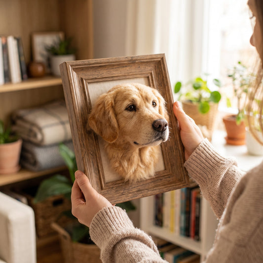 Custom needle felted dog memorial portrait displayed on a shelf as a personal dog memorial gift