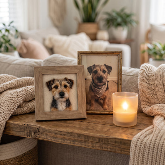 Pet memorial portrait displayed with a favorite pet photo