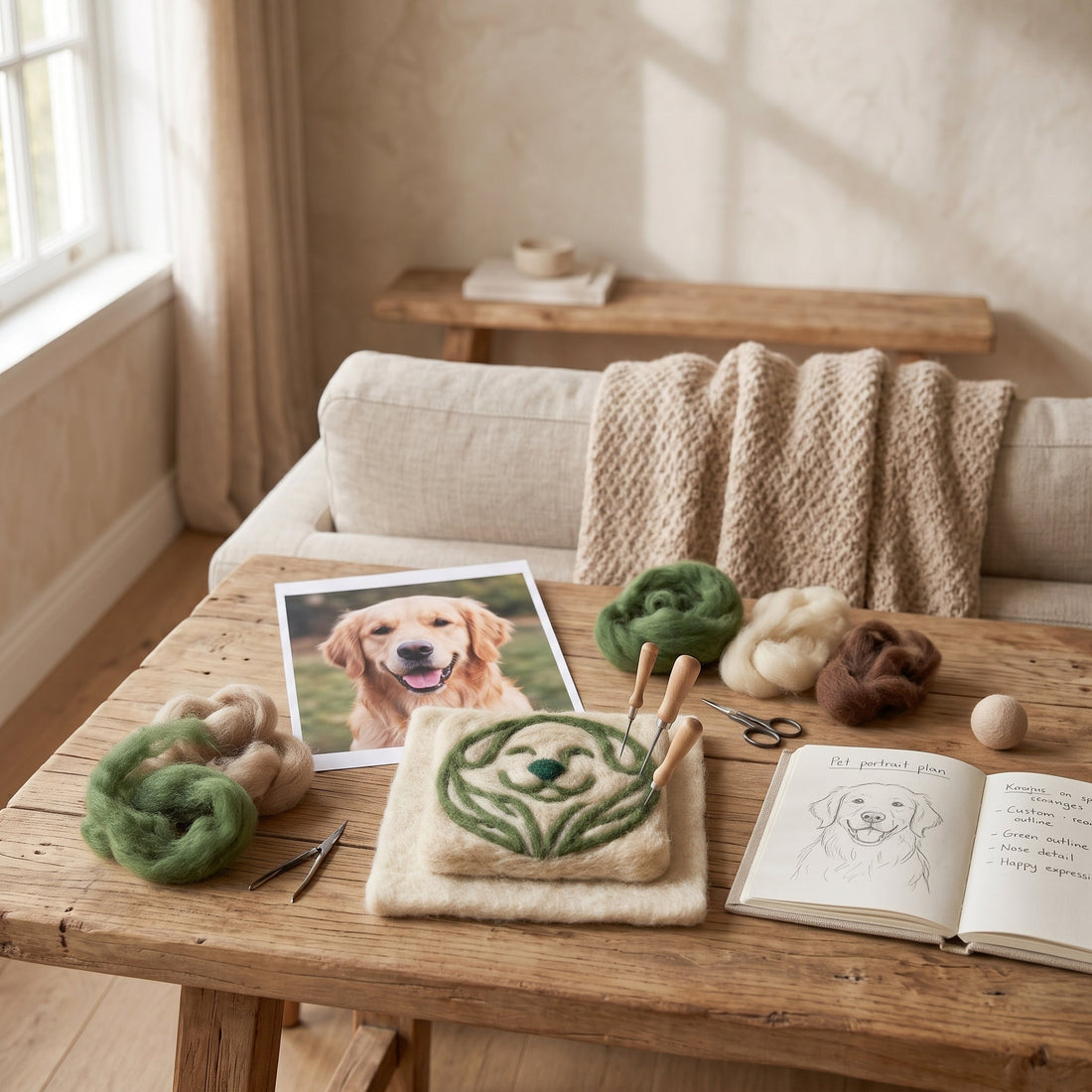 Custom pet portrait FAQ with pet photo and handmade needle felted portrait