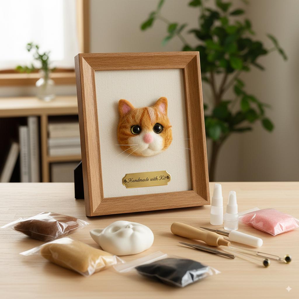 Different felting needle sizes arranged beside wool and a protective felting mat