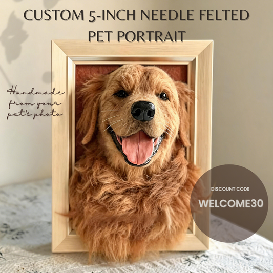 A custom 5-inch needle felted pet portrait of a golden retriever dog in a light wood frame, displayed on a lace surface with promotional text overlays.
