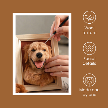 A framed pet portrait showing a golden retriever head with a hand using a pin to place wool fibers onto the dog's face. The image is set on a brown background with three white icons and text reading 'Wool texture,' 'Facial details,' and 'Made one by one.