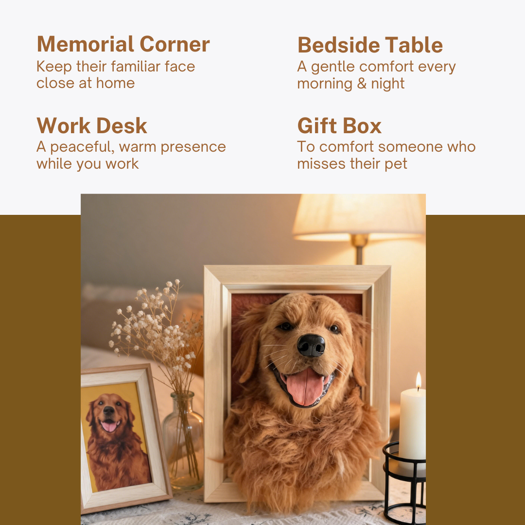 A memorial-style framed pet portrait display featuring a golden retriever head mounted in a light wood frame, with a smaller framed portrait beside it. The scene is styled with a lamp, candle, and dried flowers on a table, and the top portion includes descriptive text labels: 'Memorial Corner,' 'Bedside Table,' 'Work Desk,' and 'Gift Box.
