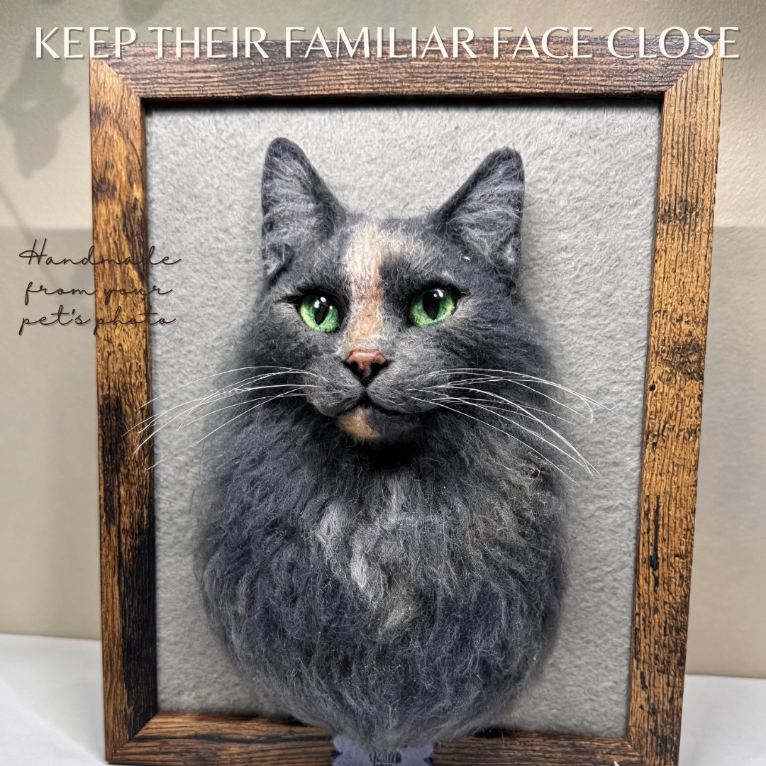 Custom cat portrait – handmade 3D needle-felted framed keepsake from photo | Velora Peace

