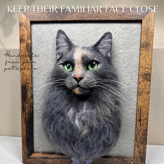 Custom cat portrait – handmade 3D needle-felted framed keepsake from photo | Velora Peace
