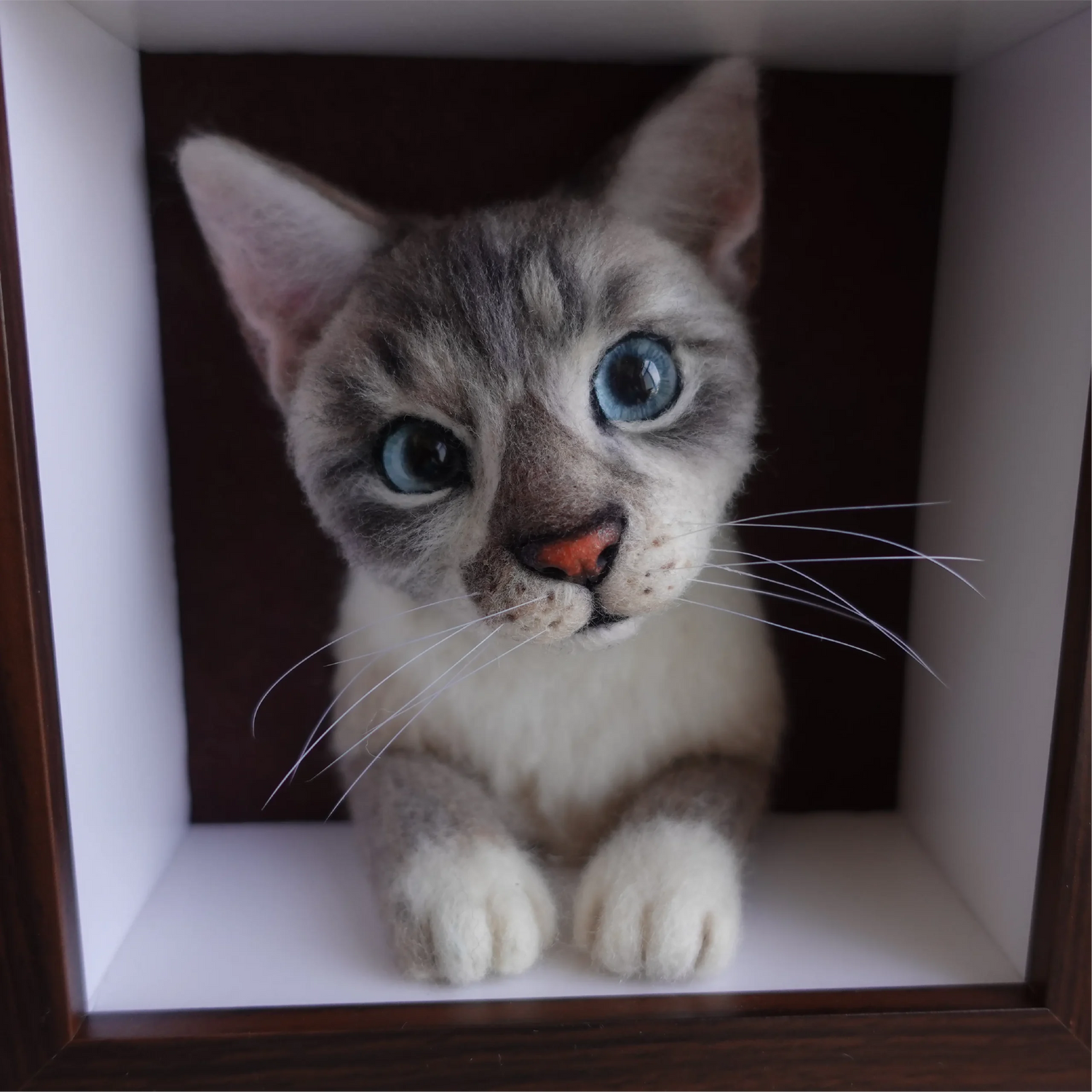 Custom needle-felted cat portrait in frame