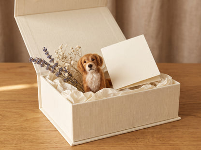 A cream-colored fabric gift box sits open on a wooden table, filled with tissue paper, dried lavender, and a small plush puppy toy. A blank cream card rests inside the box against a soft beige curtain background.
