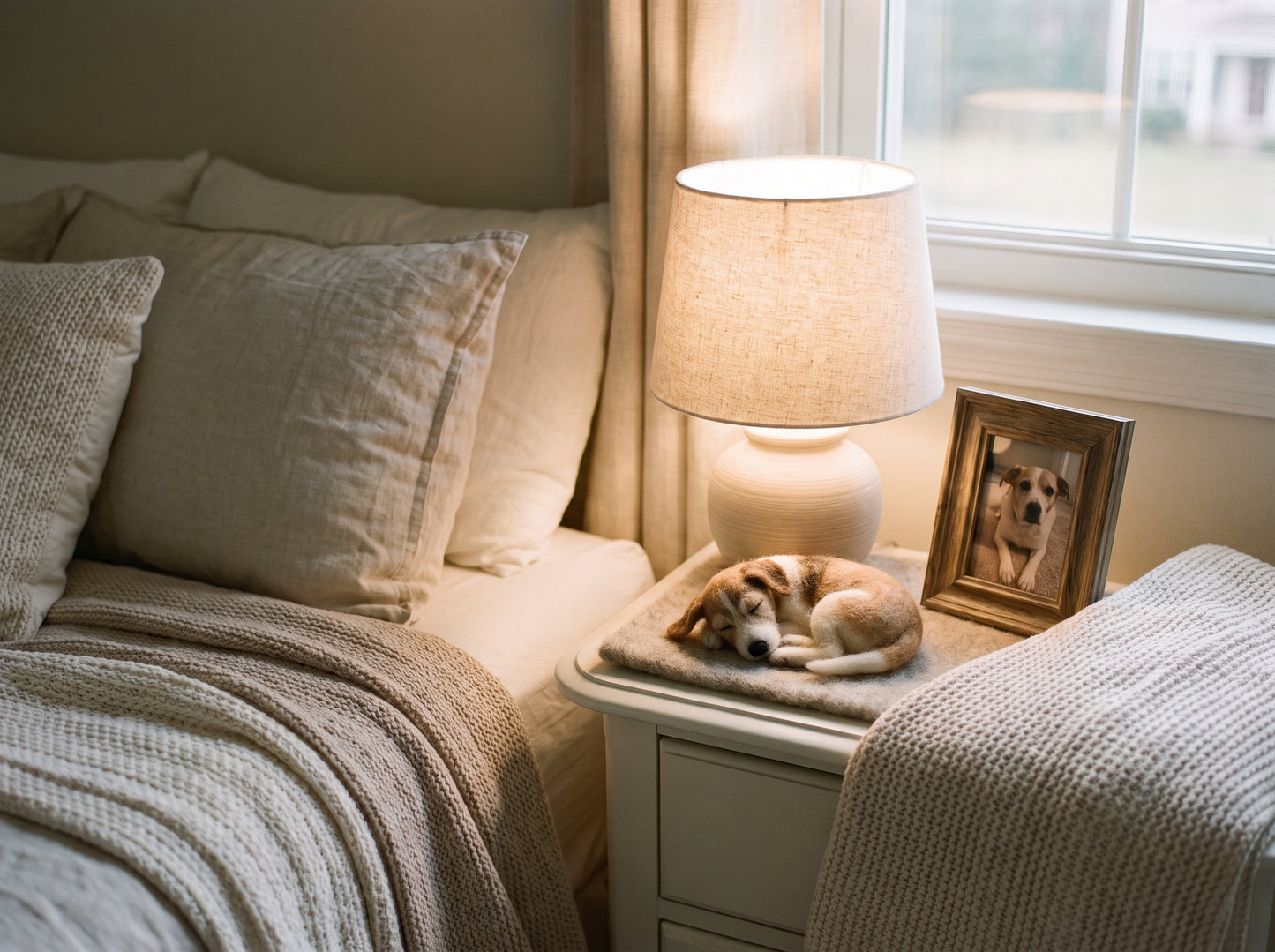 A cozy bedroom scene with a small sleeping dog resting on a bedside table next to a lit table lamp and a framed pet portrait, with a bed and window in the background.