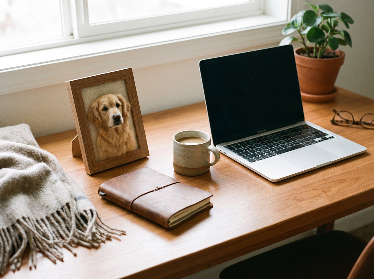 A warm, cozy desk setup in a bright room, featuring a silver laptop, a brown leather notebook, a ceramic mug, a small framed portrait of a golden retriever dog, a beige throw blanket, and a potted plant near a window.