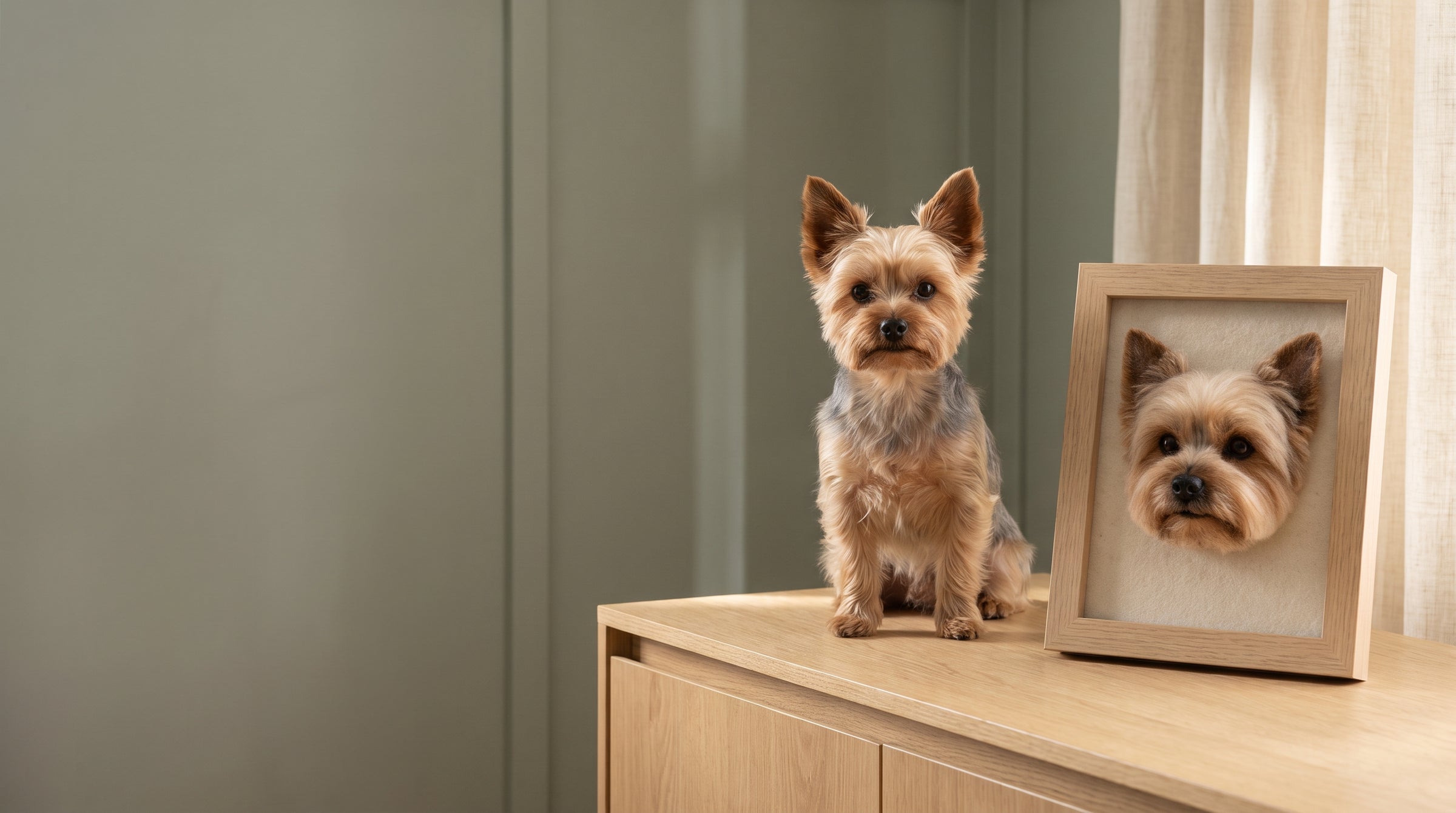 Custom needle-felted Yorkshire Terrier portrait in a wooden frame