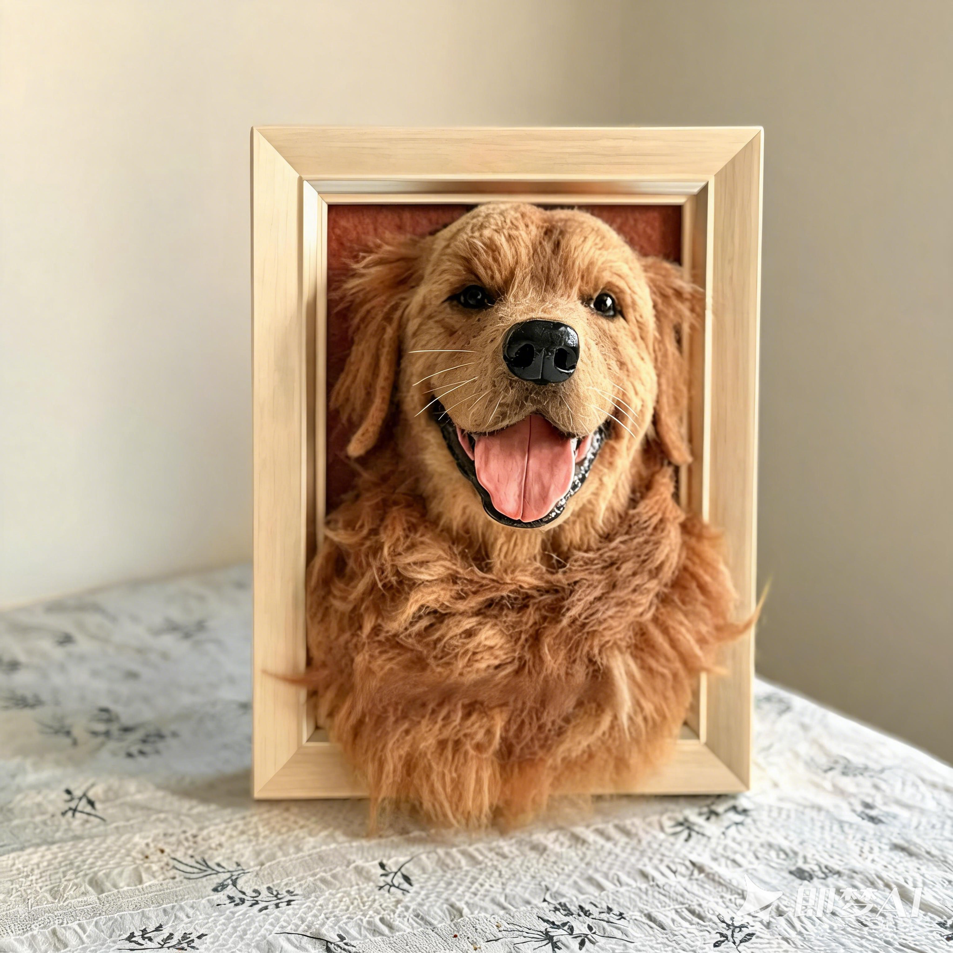 Custom 5-inch needle-felted pet portrait in a wooden frame, handmade from your pet's photo