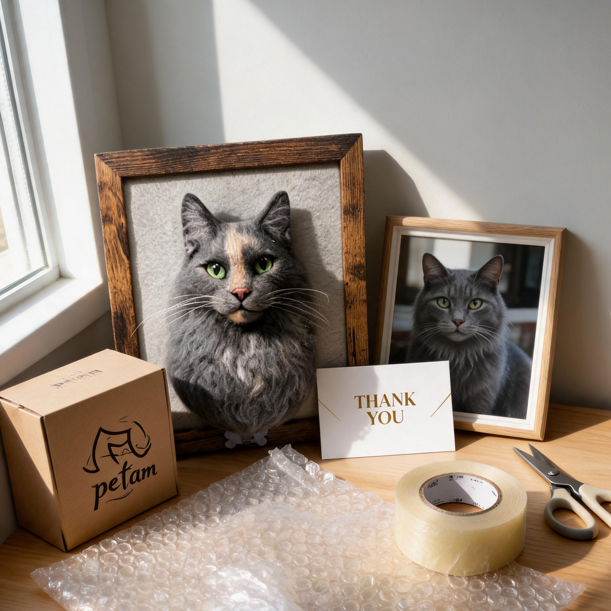 Custom cat portrait – handmade 3D needle-felted framed keepsake from photo | Velora Peace

