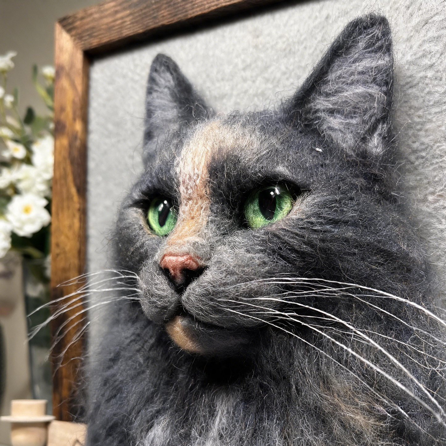 Custom cat portrait – handmade 3D needle-felted framed keepsake from photo | Velora Peace

