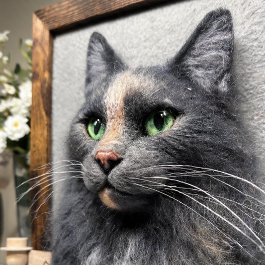 Custom cat portrait – handmade 3D needle-felted framed keepsake from photo | Velora Peace
